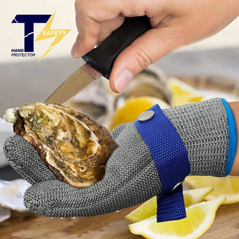Level 9 ANSI A9 Beefy Cut Resistant Gloves With Stainless Steel Mesh And Metal Wire Construction For Meat Processing And Food Prep Heavy Duty Rustproof Hand Protection Medium Size worn while shucking oysters