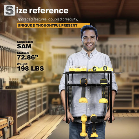 Person holding Power Tool Organizer Wall Mount with 8 Drill Slots in a workshop setting