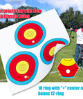 3 Spot Archery Target Paper Set with Pins, New LAS Version in a grassy backyard setting with clear rings for easy accuracy