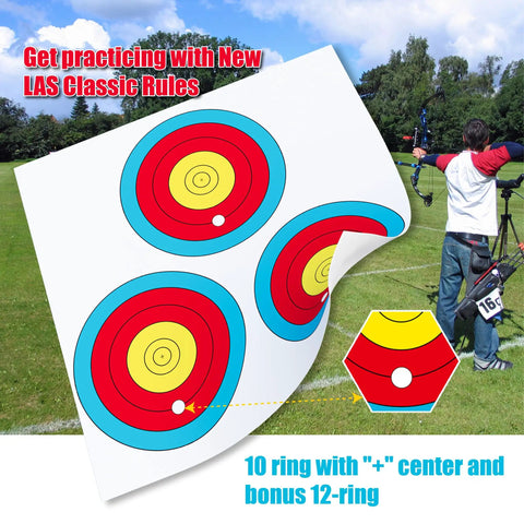 3 Spot Archery Target Paper Set with Pins, New LAS Version in a grassy backyard setting with clear rings for easy accuracy