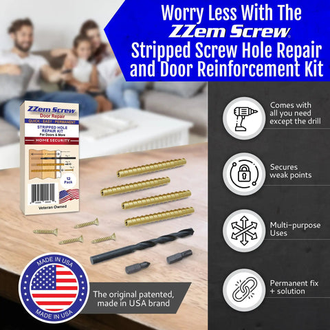 12 Pack Brass Door Hinge Repair Kit For Stripped Screws with drill and bits, shown in package with American flag, USA made