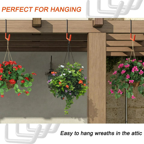 Heavy Duty Rafter Hanger Set with S hooks holding flower baskets under a wooden beam, outdoor use, non-slip coating visible