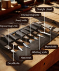 All In One Ultimate Starter Whittling Wood Carving Kit For Beginners With Eight Carving Knives Spoon Tools on a wooden table