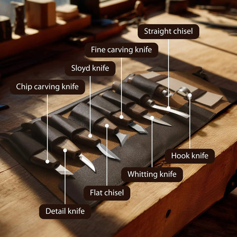 All In One Ultimate Starter Whittling Wood Carving Kit For Beginners With Eight Carving Knives Spoon Tools on a wooden table