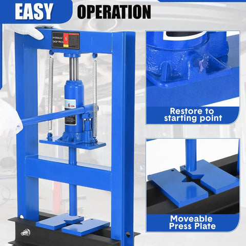 Close-up of 6 Ton Hydraulic Shop Press Heavy Duty H Frame Floor Press with adjustable height, showing movable press plates and operation.
