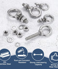 M10 Eye Bolt 50mm Thread Stainless Steel 304 Two Pack With Lock Nuts And Flat Washers For Hanging Hammocks And Lift Rings