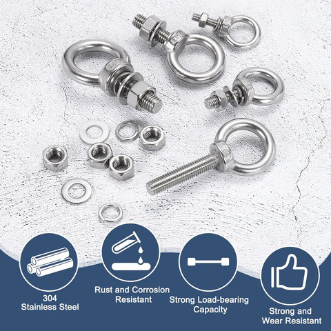 M10 Eye Bolt 50mm Thread Stainless Steel 304 Two Pack With Lock Nuts And Flat Washers For Hanging Hammocks And Lift Rings