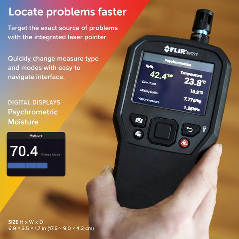 MR277 Moisture Meter With MSX Infrared Camera And Hygrometer For Building Inspection Quickly Spot Moisture Leaks And Insulation Voids With High Resolution Thermal Imaging And Pro Grade Diagnostics, handheld in hand