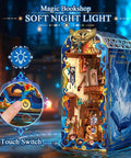 Front view of DIY Miniature Book Nook Kit With LED Light, Fantasy Bookstore Scene For Your Shelf, fantasy-themed wooden puzzle.