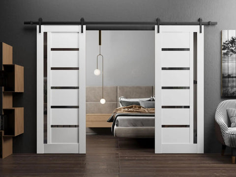 Sturdy Double Barn Door 84 By 96 Inches With Black Glass Panels And White Silk Finish, Heavy Duty 14 Foot Rail System, Solid Panel Interior Door