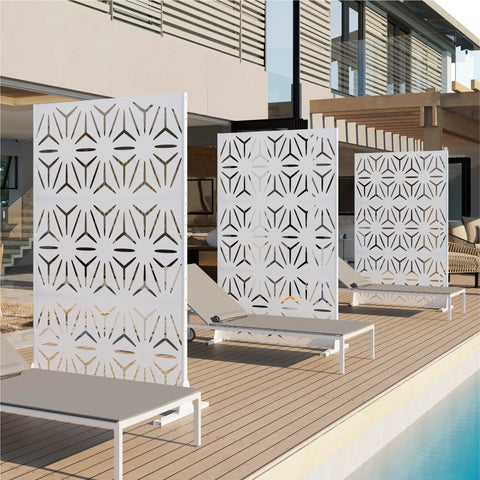 72 Inch Tall Metal Privacy Screen Three Panel Outdoor Freestanding Privacy Panel For Patio Backyard Deck With Anti Tipping Kit Weather Resistant Steel And Easy DIY Assembly Modern Geometric Design In White by the pool.
