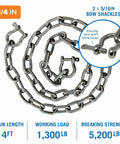 Hella Tough 316 Marine Grade Stainless Steel Anchor Chain One Quarter Inch By Four Feet with 2 bow shackles, strong and durable.