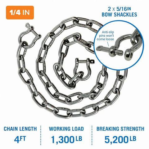 Hella Tough 316 Marine Grade Stainless Steel Anchor Chain One Quarter Inch By Four Feet with 2 bow shackles, strong and durable.
