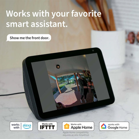 Smart home display with 2K Video Doorbell interface, showing live view of front porch. Compatible with Alexa, IFTTT, Apple Home, Google Home.