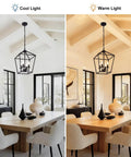 Dope Industrial Black Lantern Chandelier with farmhouse metal cage over dining table, showcasing cool and warm light settings.