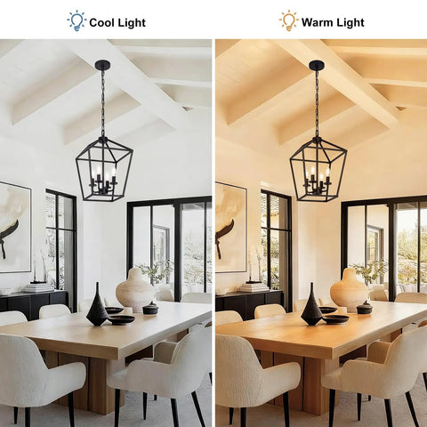Dope Industrial Black Lantern Chandelier with farmhouse metal cage over dining table, showcasing cool and warm light settings.