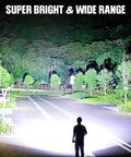 User illuminating a wide outdoor area at night with Rechargeable LED Flashlight 2 Pack Ultra Bright 99,000 Lumens Handheld Waterproof Flashlights Perfect For Home Projects, Camping, Hiking, Emergency Prep, Outdoor Adventures, Long Battery Life.
