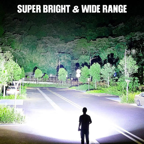 User illuminating a wide outdoor area at night with Rechargeable LED Flashlight 2 Pack Ultra Bright 99,000 Lumens Handheld Waterproof Flashlights Perfect For Home Projects, Camping, Hiking, Emergency Prep, Outdoor Adventures, Long Battery Life.