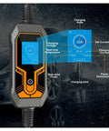 Rock Solid Heavy Duty Portable Type 1 J1772 EV Charger With Five Meter Cord 7 Kilowatt 32 Amp Level 2 EVSE showing charging stats on screen.