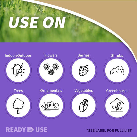 Image showing applications of Insecticidal Soap Ready to Use Spray for Organic Gardening on flowers, berries, trees, and greenhouses