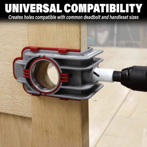 Lock Mate Plus Self Clamping Professional Door Lock Installation Kit for Wood and Metal Doors in use on wooden door