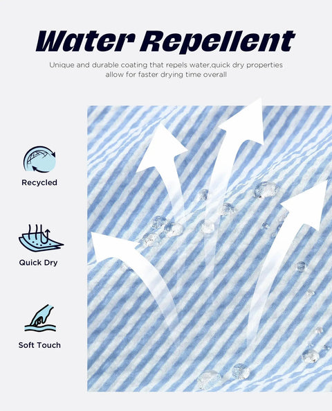 Close-up of water-repellent blue white stripe fabric of 5 Inch Quick Dry Swim Trunks For Guys With Stretch Fabric And Zip Pockets