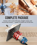 Adjustable Insert Plate Router Lift With Double Stainless Steel Support Rods For 64 To 66 Millimeter Trimming Machine Aluminum Under Table Base Hella Durable Badass Precision Woodworking Upgrade In Vibrant Red showing installation with router lift base and height crank.