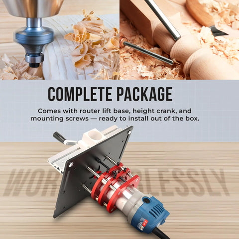 Adjustable Insert Plate Router Lift With Double Stainless Steel Support Rods For 64 To 66 Millimeter Trimming Machine Aluminum Under Table Base Hella Durable Badass Precision Woodworking Upgrade In Vibrant Red showing installation with router lift base and height crank.