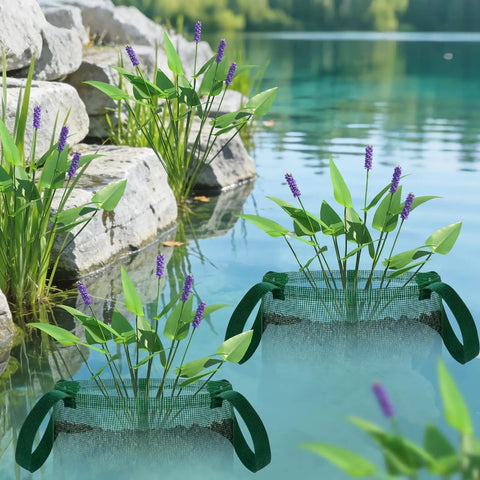 Mesh Net Planter For Ponds And Aquariums with plants, submersible fabric pots in water garden, root growth support visible