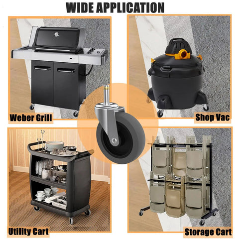 Heavy Duty 4 Inch Swivel Casters Featuring No Sweat Setup on utility cart, shop vac, grill, and storage rack.