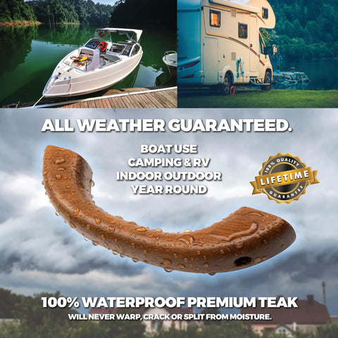 Premium Teak Handrail With Pre Drilled No Sweat Mounting For Tight Spaces Versatile Wall Grip Providing Solid Safety Support For Bathrooms Decks And Outdoor Porches Real Deal Quality, 100% waterproof, shown with water droplets.