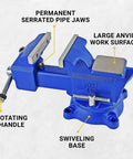 Beefy 4.5 Inch Jaw Combination Vise With Pipe And Bench Vise Swivel Base And Large Pipe Jaw Capacity Cast Iron And Steel U Channel