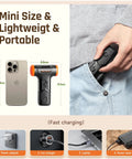 Cordless Electric Air Duster with Variable Speed Control next to smartphone, shown fitting into pocket, charging options displayed.