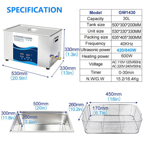 Heavy Duty 30 Gallon Ultrasonic Cleaner With Heater And Timer Digital Control Panel Stainless Steel Tank For Jewelry Retainers Lab Tools Parts And Accessories Auto Detailing Professional Deep Clean
