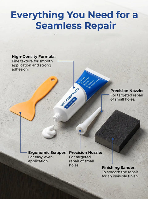Fast Dry Wall Patch Kit With Scraper For Holes And Cracks White Wall Repair Paste showing tube, scraper, nozzles, and sander.
