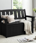 HDPE Outdoor Storage Bench With 57 Gallon Dual Use Seat And Organizer, black bench with cushions and a throw blanket, indoor setting