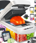 Real Original Pro 10 in 1 Vegetable Chopper and Mandoline Slicer with 8 Blades in use slicing red bell pepper into clear container