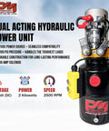 Dual acting hydraulic power unit with 12V DC power source, 3200 PSI pressure, and 300 amp solenoid for trailer towing and maintenance.