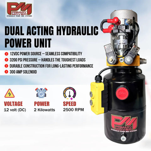 Dual acting hydraulic power unit with 12V DC power source, 3200 PSI pressure, and 300 amp solenoid for trailer towing and maintenance.