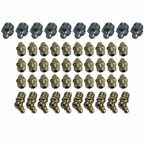 Grease Nipple Assorted Pack for Backhoe Equipment, 50-piece set with 30 straight 1/8 BSP, 10 straight 10mm, 10 angled 45 degree fittings.