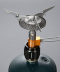 Z1 LPG Propane Snug Fitting No Leak Canister Adapter installed on a camping stove, premium aluminum, safe leak-free connection.
