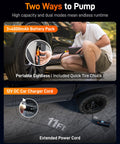 Beefy Heavy Duty Tire Inflator Portable Air Compressor cordless charging with battery pack and 12V DC car charger cord
