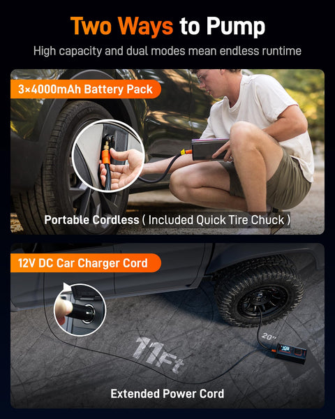 Beefy Heavy Duty Tire Inflator Portable Air Compressor cordless charging with battery pack and 12V DC car charger cord