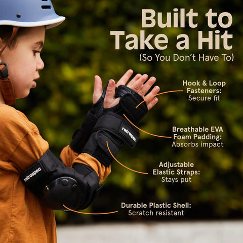 Child wearing All In One Knee Pads Elbow Pads And Wrist Guards Set with secure fit and impact absorption in spring mint adult 15 plus