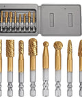 8-piece carbide burr set with 1/4in and 3/8in heads in a metal case; gold tungsten carbide rotary burrs with hex shanks