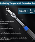 Torque Adapter Set 12-Piece SAE diagram with torque wrench showing calculation formula and extension bar usage details