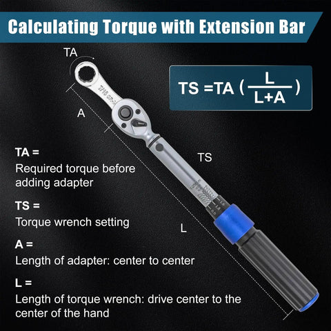 Torque Adapter Set 12-Piece SAE diagram with torque wrench showing calculation formula and extension bar usage details