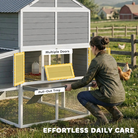 Person cleaning a huge 77 inch outdoor chicken coop for 6 to 8 chickens with run, wooden hen house with pull-out tray in gray.