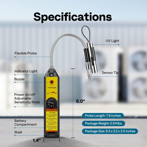 VIVOHOME HVAC refrigerant leak detector with flexible probe and UV light, handheld with yellow label.