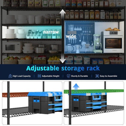 4-Tier Heavy Duty Wire Shelving Unit For Warehouse And Supermarket With Double Capacity And Space Saving Design shown with storage items